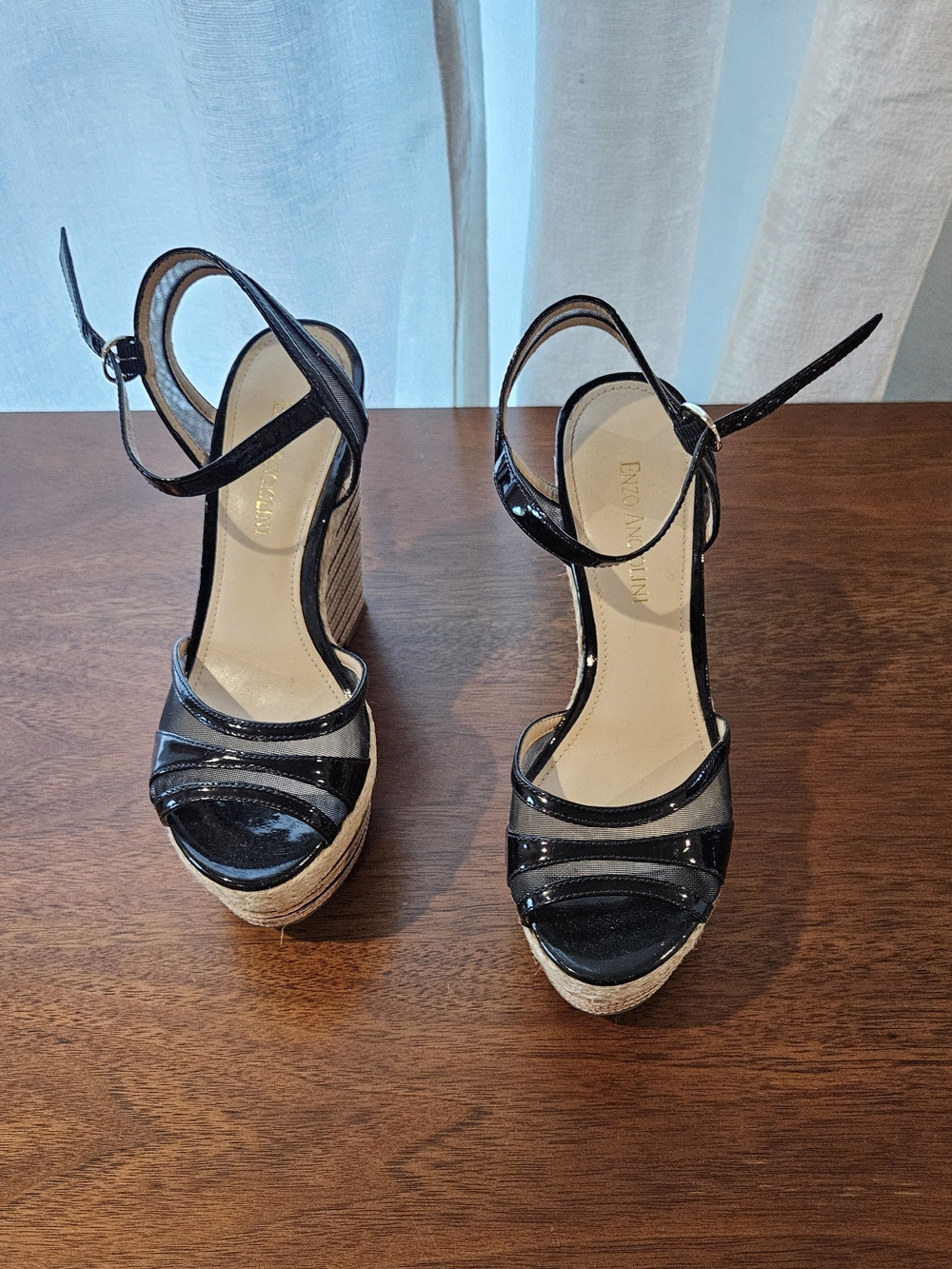 Enzo Angiolini Black Patent Leather Wedge Sandals